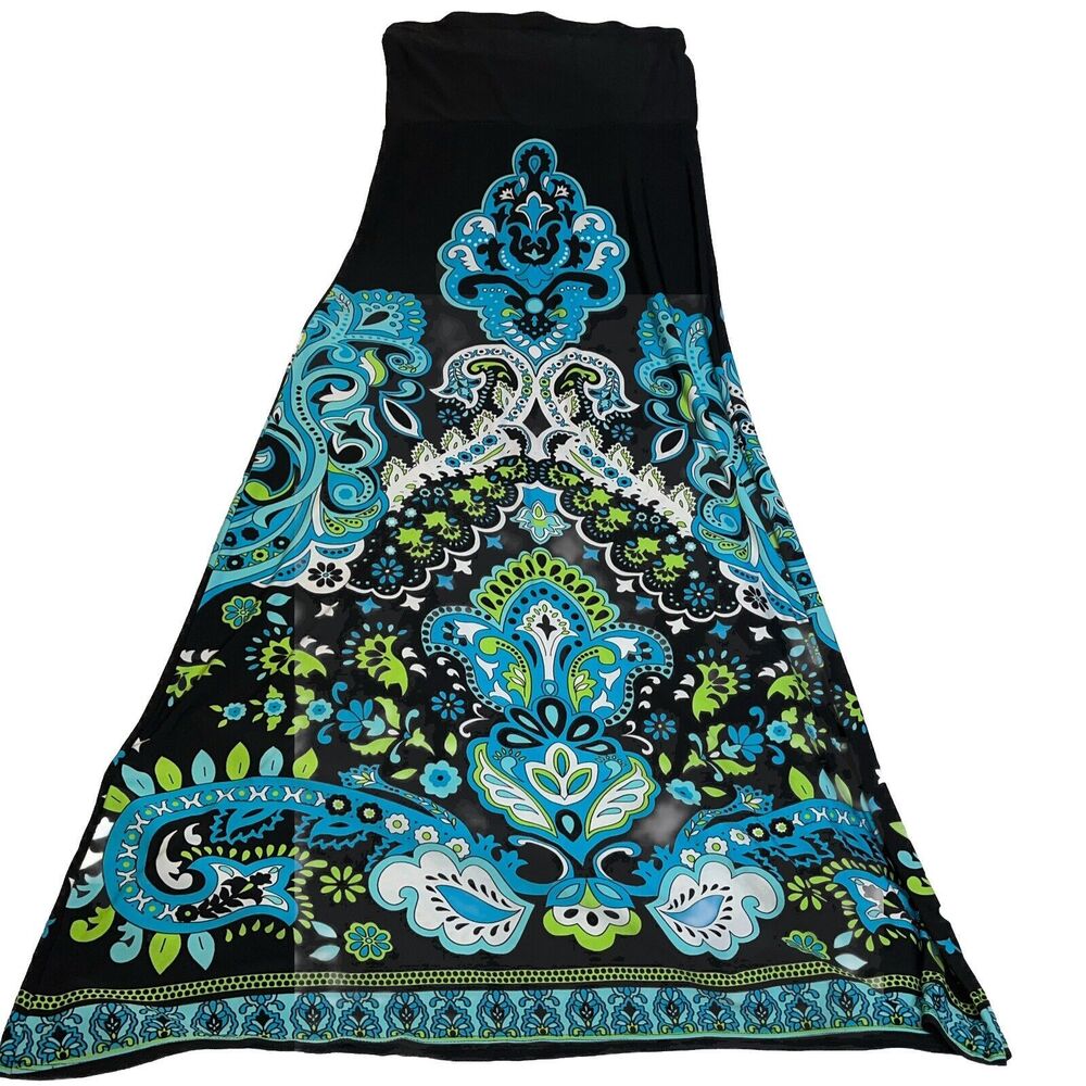 MSK Dress Womens Small Black blue green Strapless Paisley Print Floor Maxi